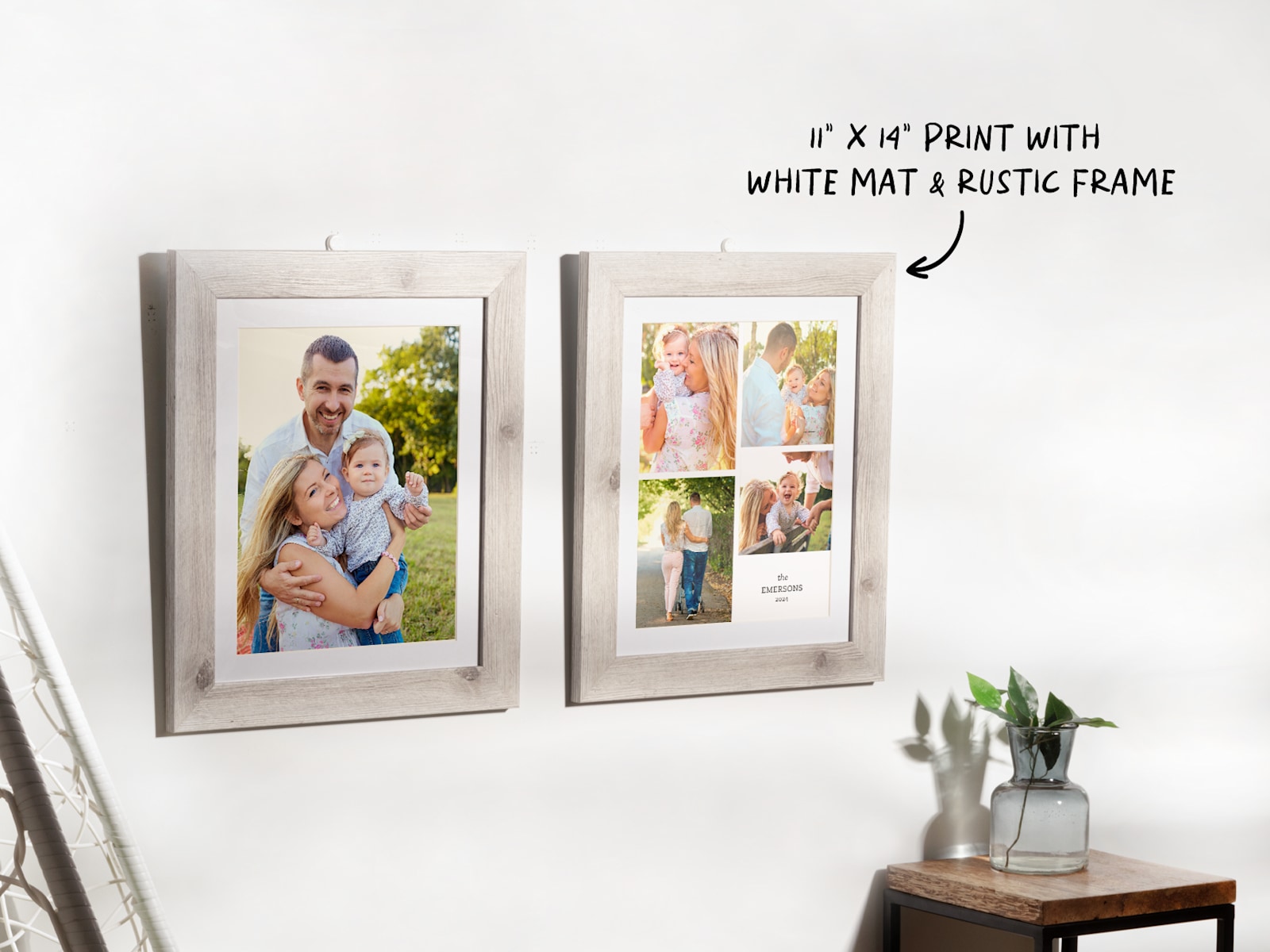 Two photo prints in rustic frames hang on a white wall.