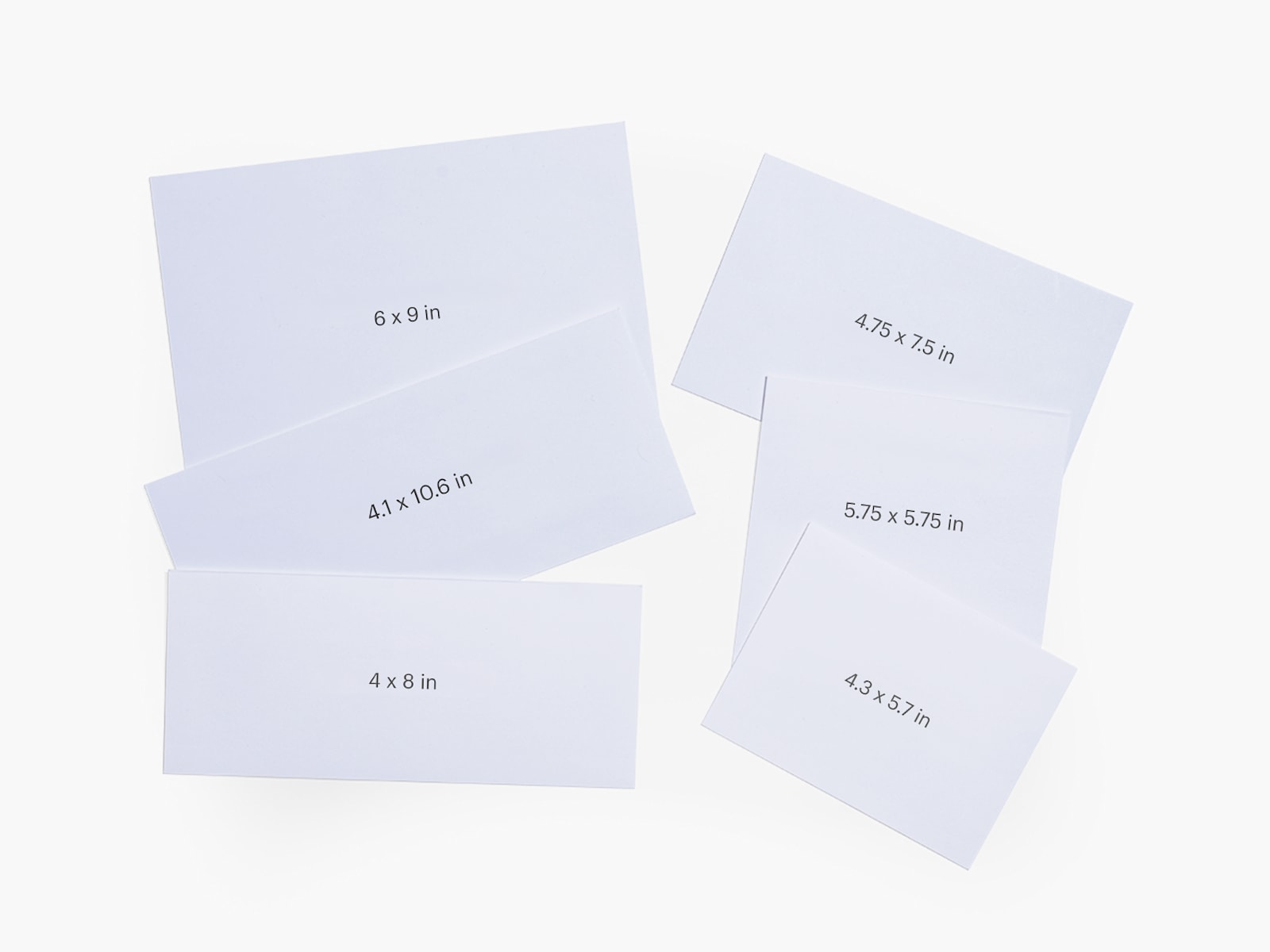 Six different size custom envelopes showign their height and width