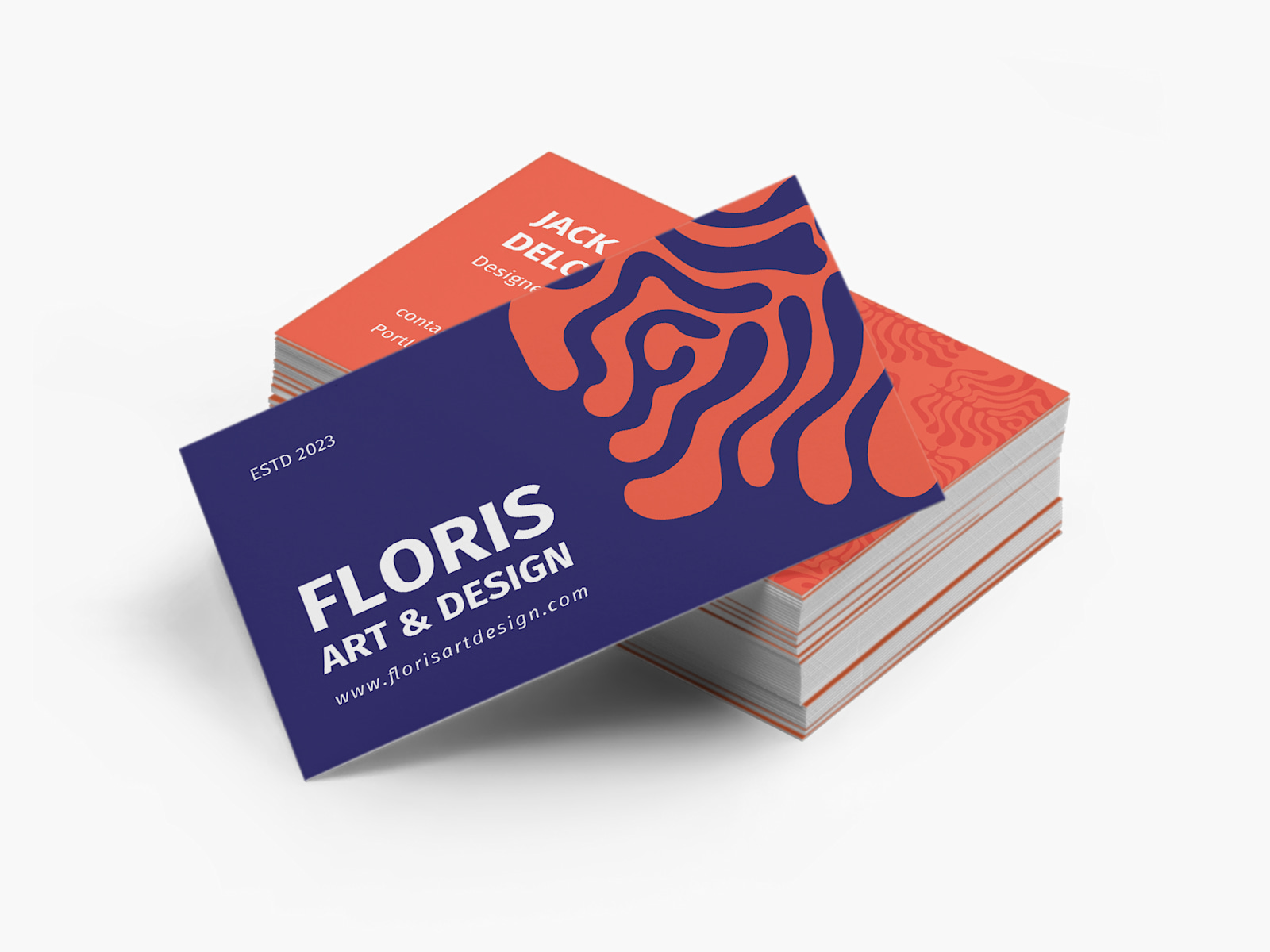 A standard business card with a purple and orange design.