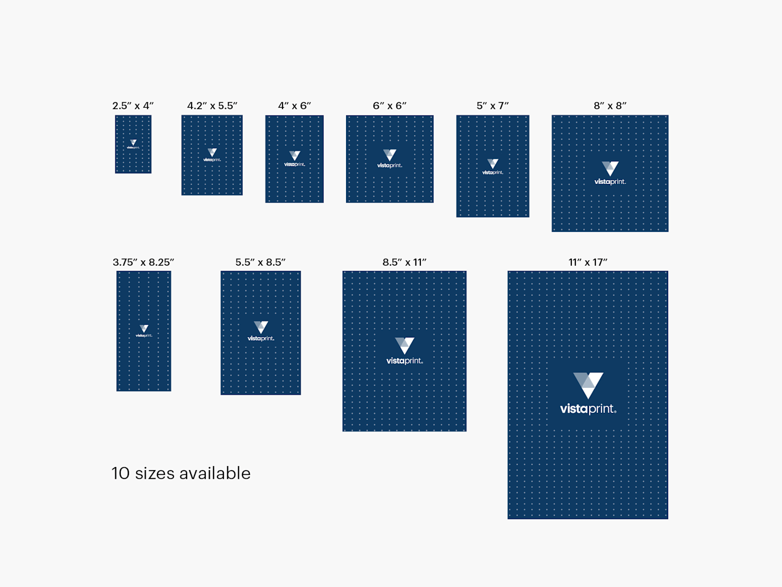 Flyers labeled by their sizes, with a note that 10 sizes are available
