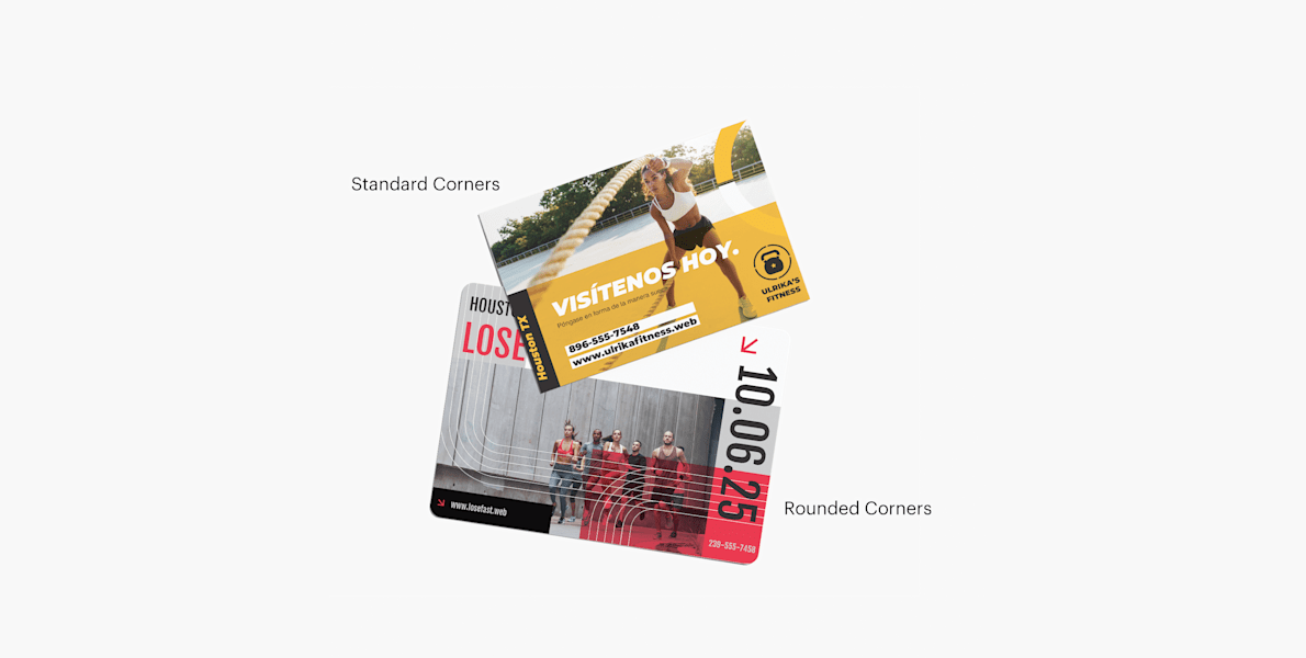 2 postcards for a fitness facility, 1 with rounded corners and 1 with standard corners.