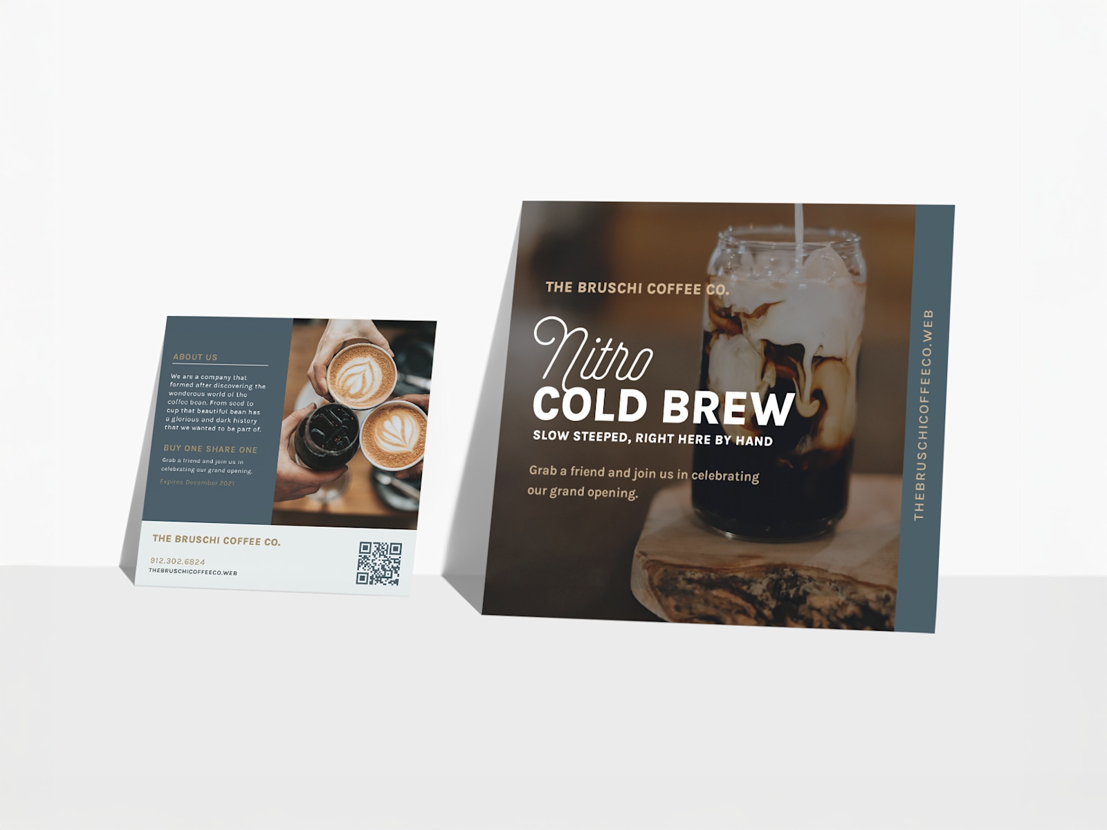 Two different sizes of square-shaped postcards for a local café.