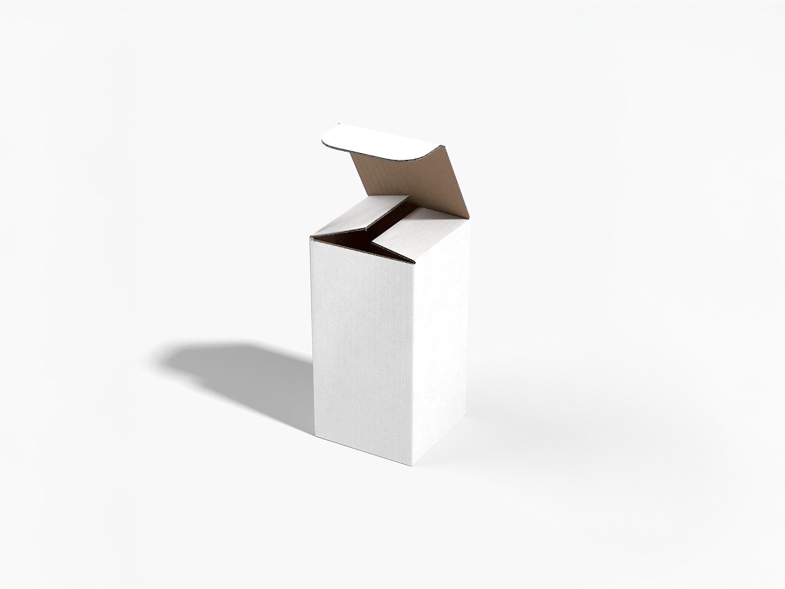 Larger version: A plain white tuck top mailer box with a brown kraft interior.