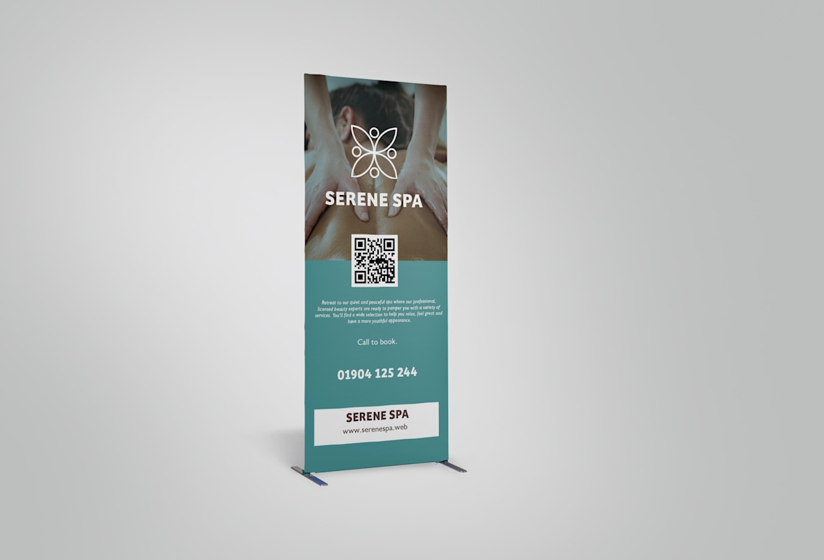 Larger version: Custom tube banner stand with contact information and QR code