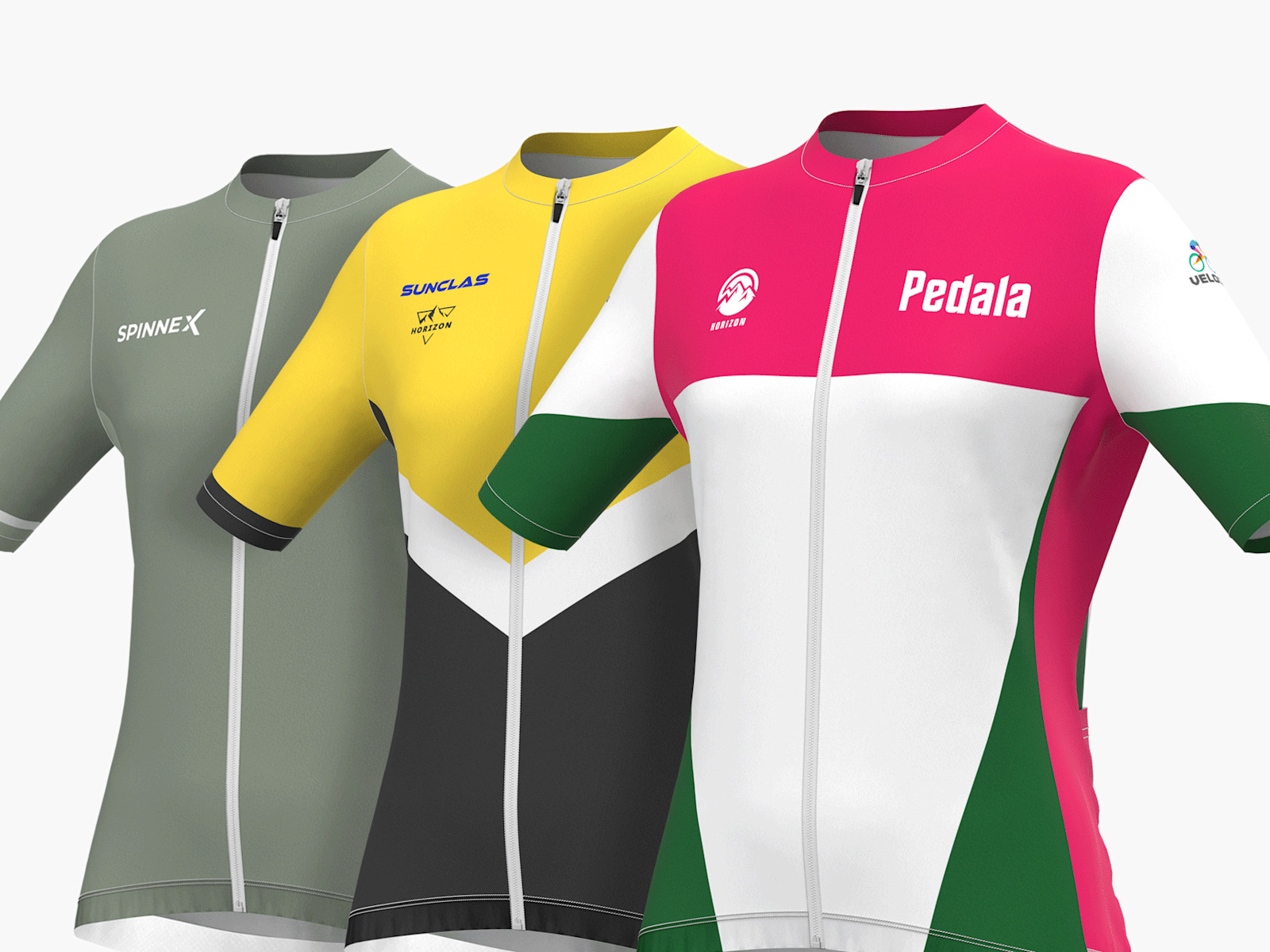 Three different patterns for full custom women’s cycling jerseys promoting three cycling businesses with design details on the front.