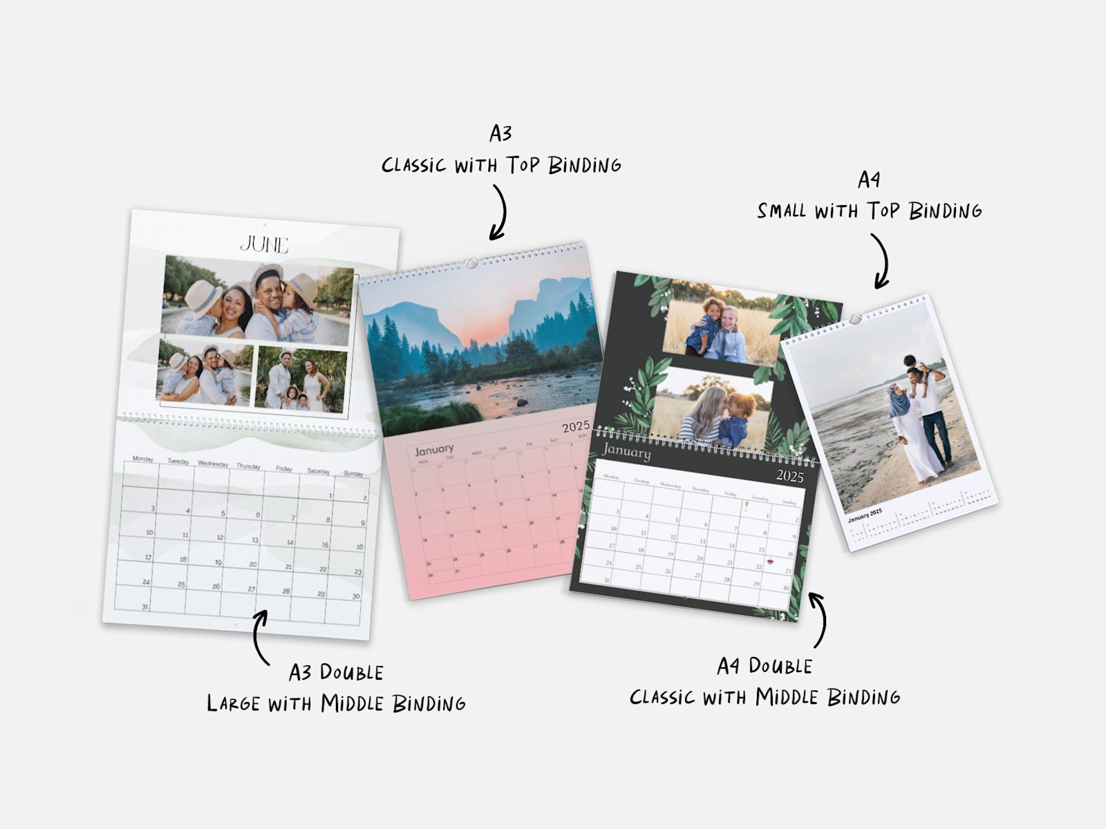 Larger version: A variety of wall calendars with personalised photos, in a variety of sizes and designs. Notes highlight different size options. 