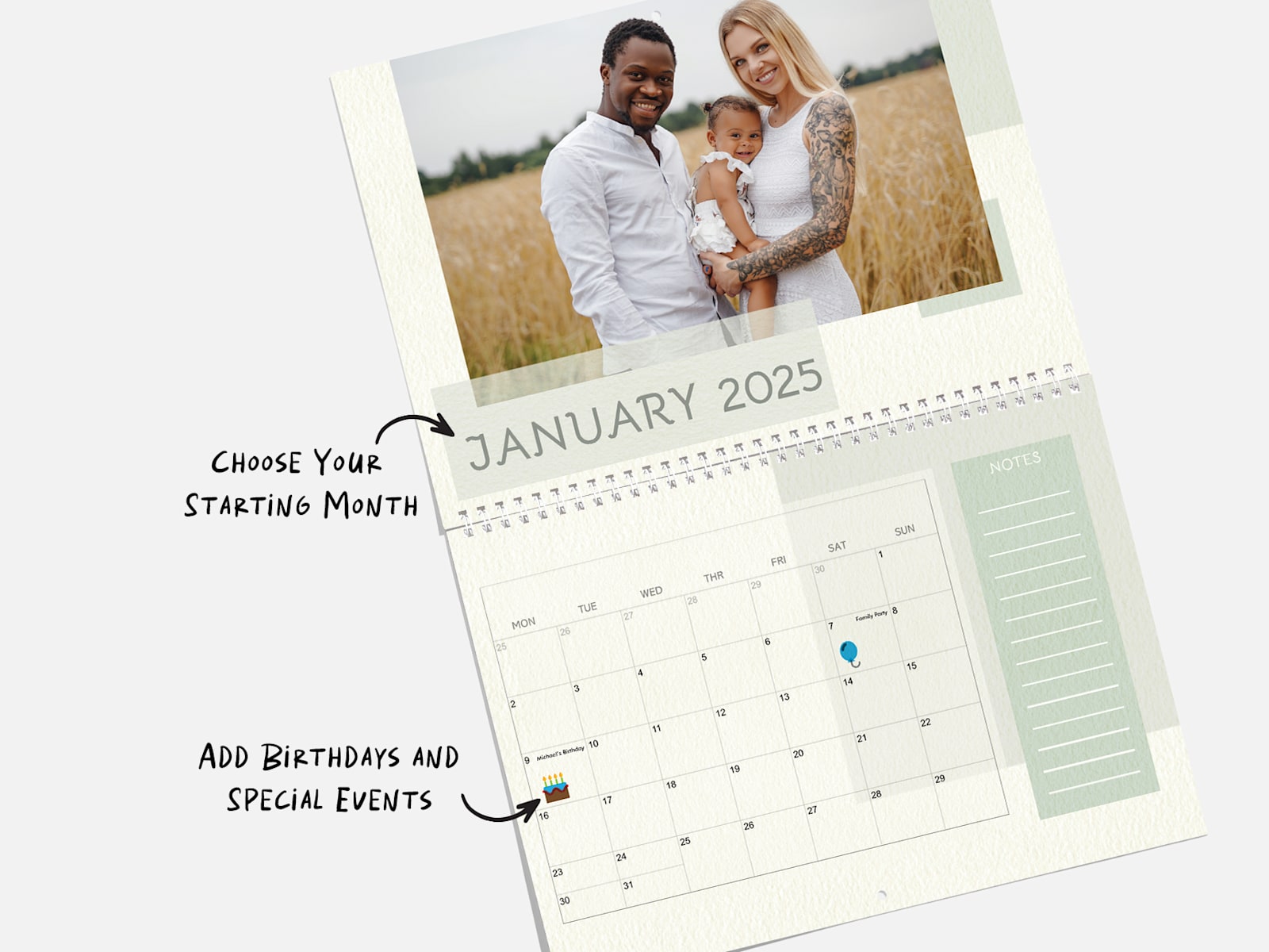 A personalised monthly wall calendar featuring a photo of a family. Notes highlight that you can customise your calendar’s starting month and add special dates.  