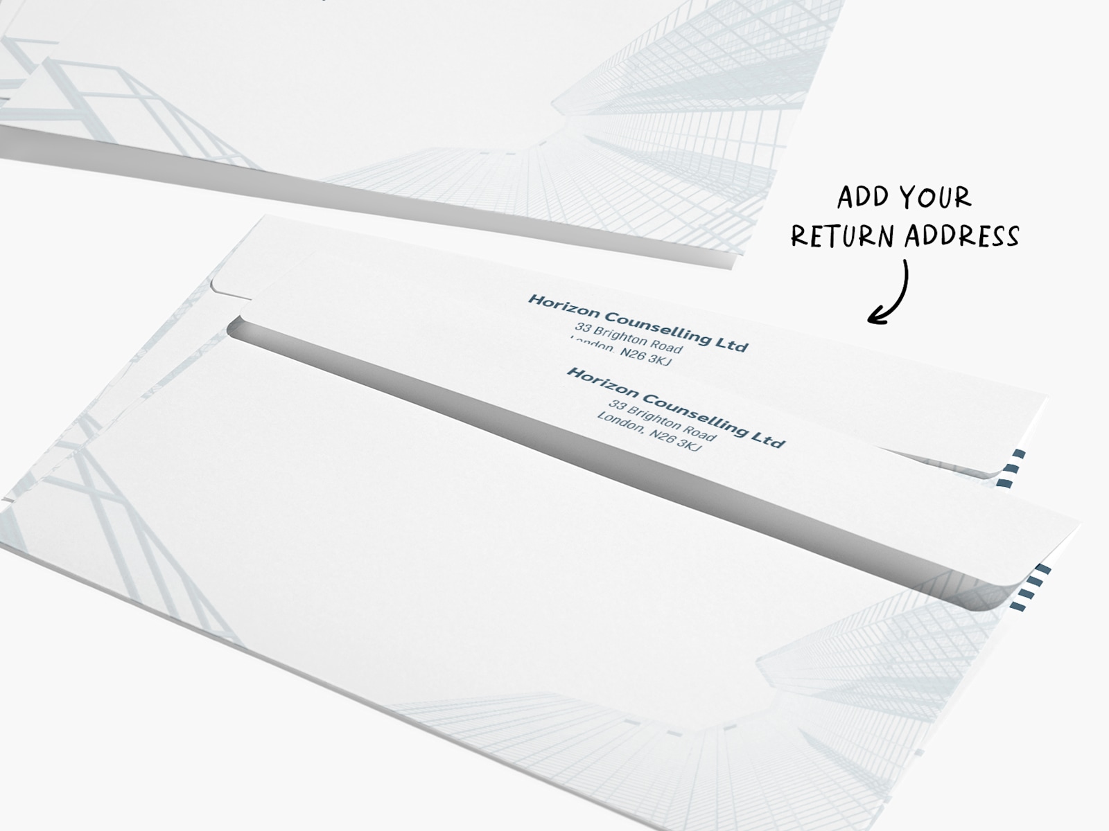 Back of a custom envelope with a business-focused design. There is text that says you can add your return address