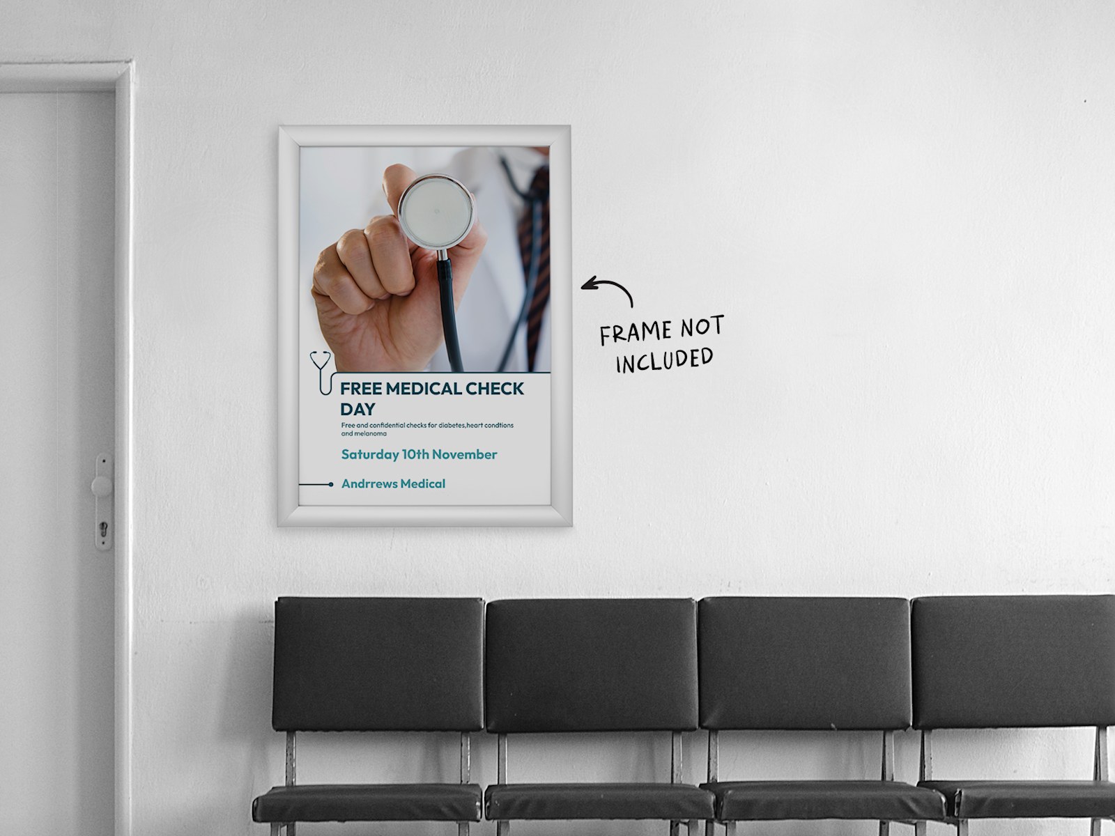 A framed poster hung in a doctor's waiting room. The frame is not included with the purchase of the poster.