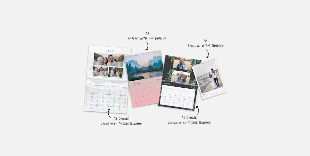 Larger version: A variety of wall calendars with personalised photos, in a variety of sizes and designs. Notes highlight different size options. 