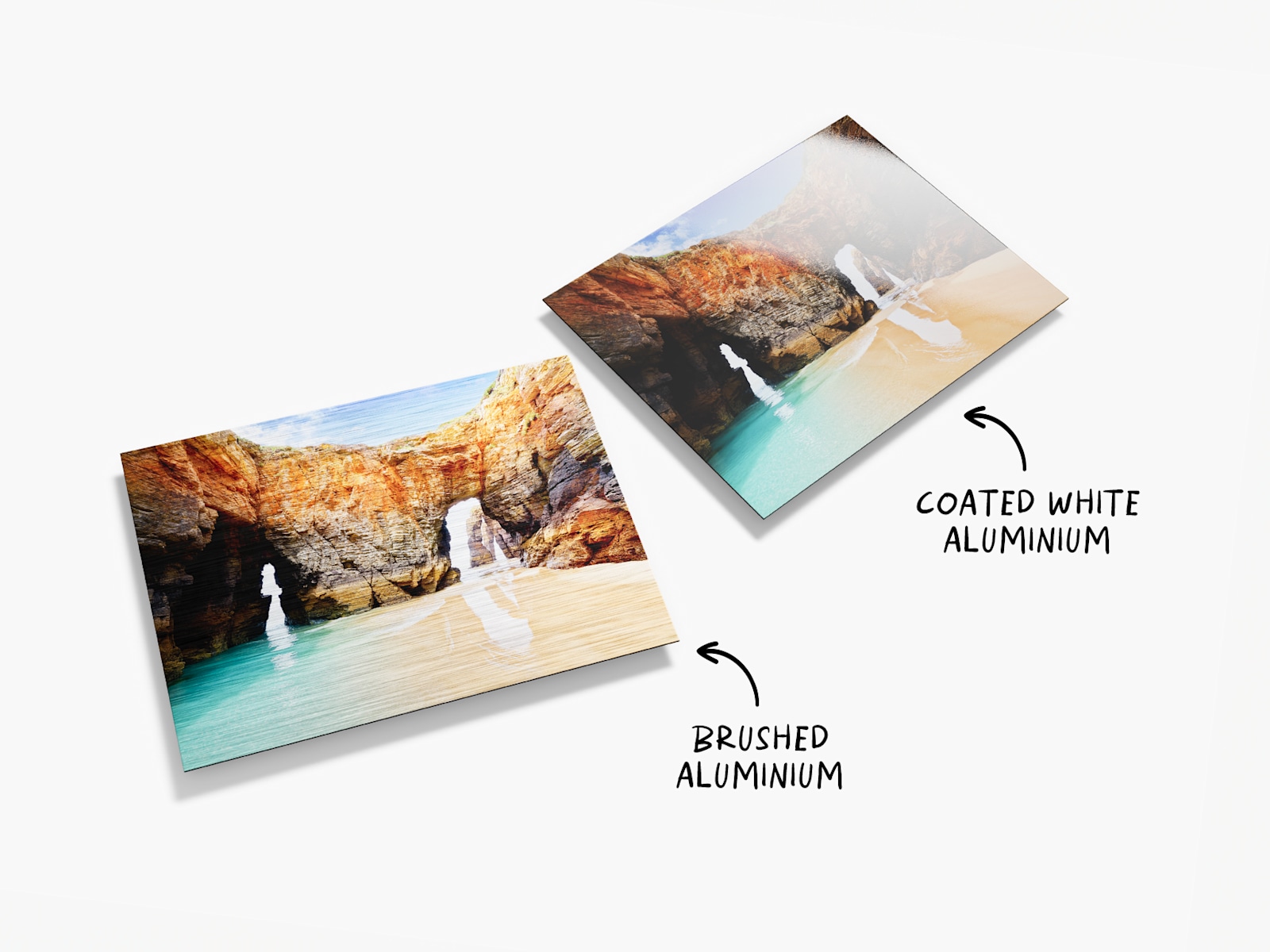 Two aluminium prints, both featuring landscape photos. There is text that reads that there are two material options, one being brushed aluminium and the other coated white aluminium.