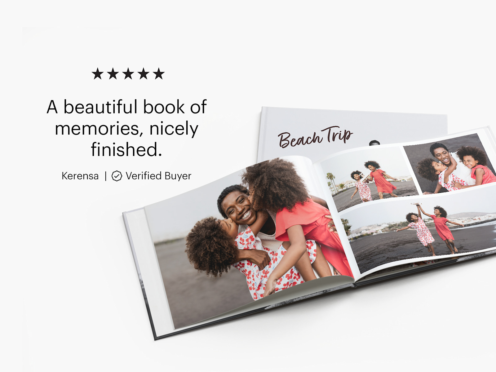 An open photo book featuring a collage of family photos from a beach trip. A customer review for photo books reads: "A beautiful book of memories, nicely finished".