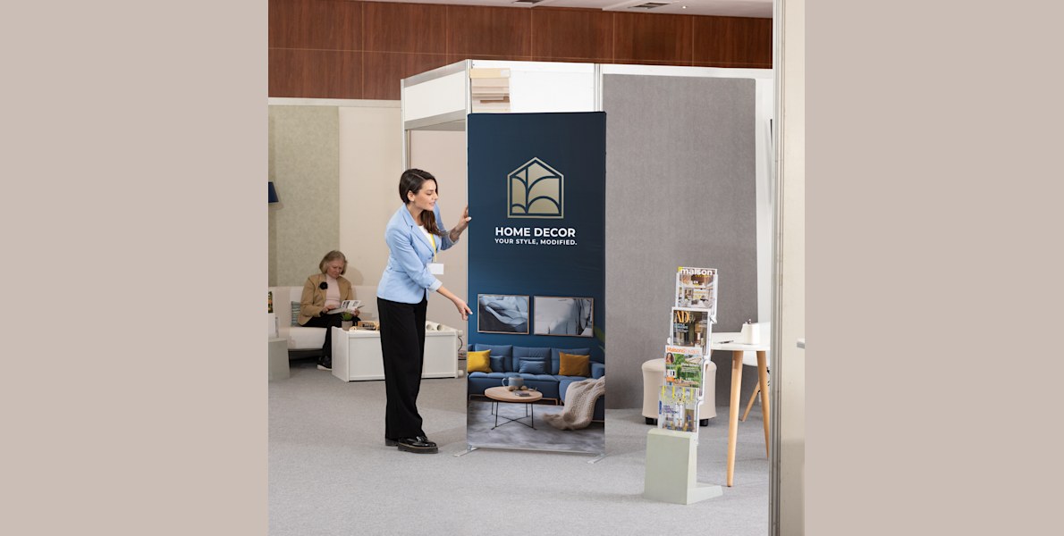 Custom tube banner stand with contact information and QR code