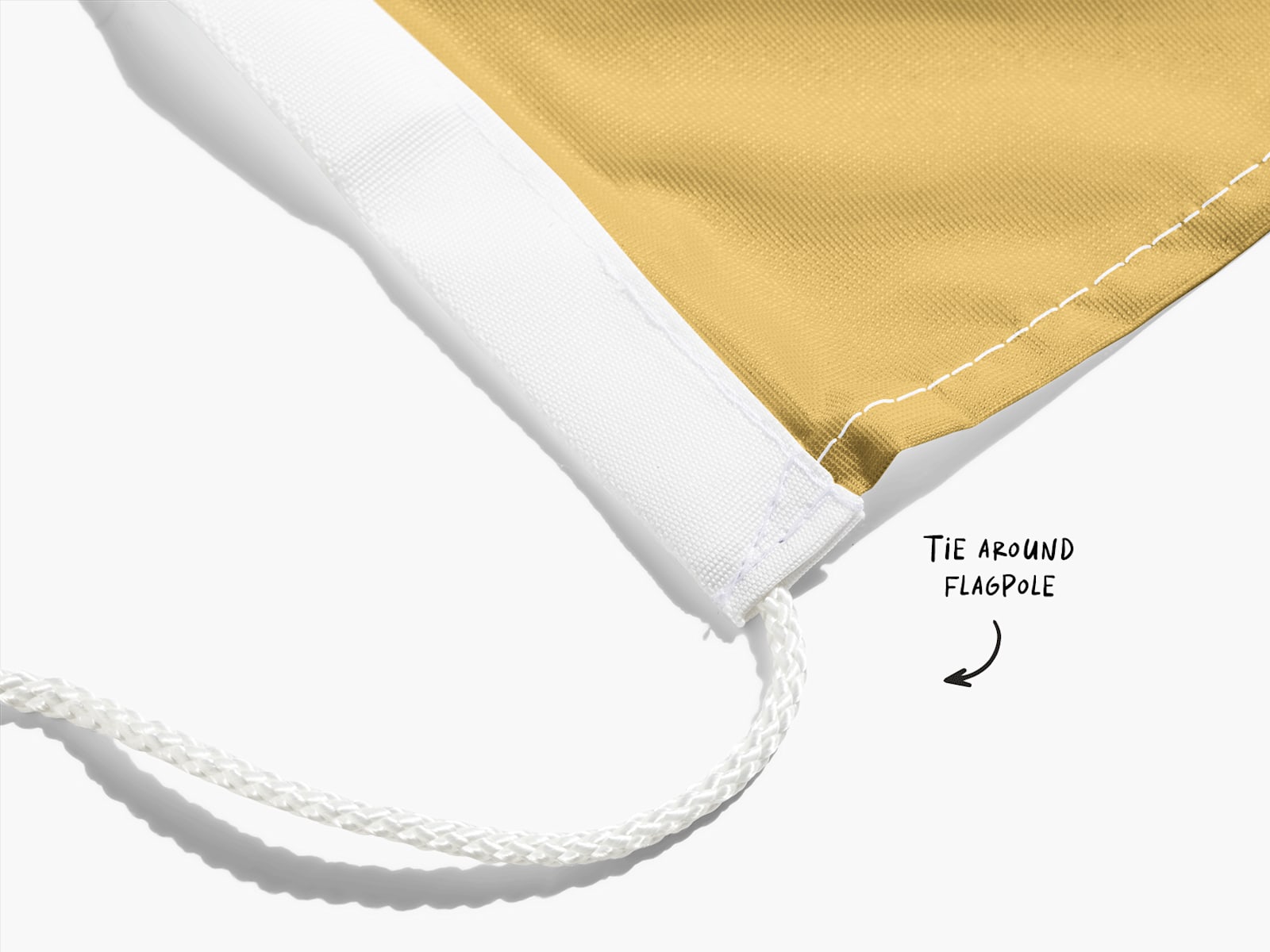 A close-up of a flag’s bottom string, with a note saying to tie the string around the flagpole.