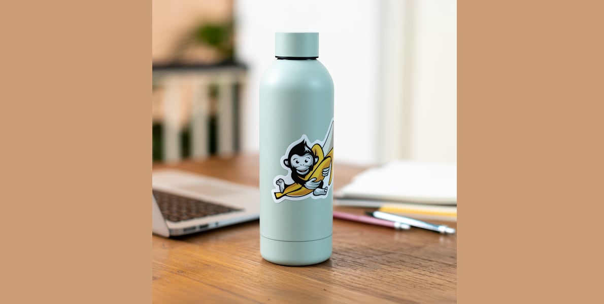 A die-cut sticker featuring a monkey with a banana, stuck to a water bottle, with a person’s workspace in the background.