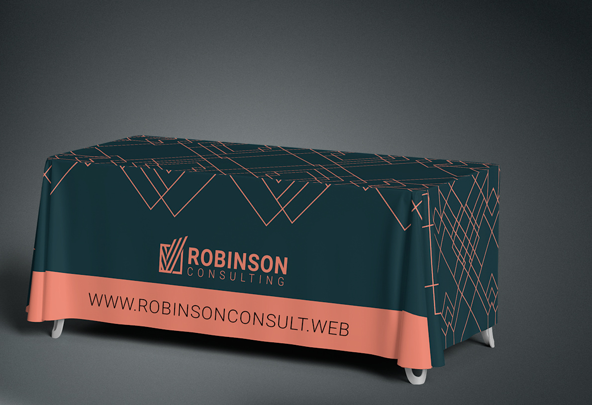 printed tablecloth with logo and contact info