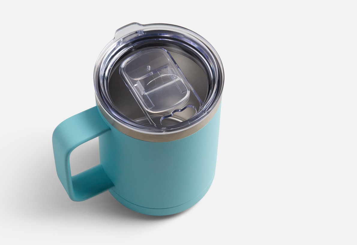A light blue 15 oz. travel mug shot from above, showing its slider lock lid. 