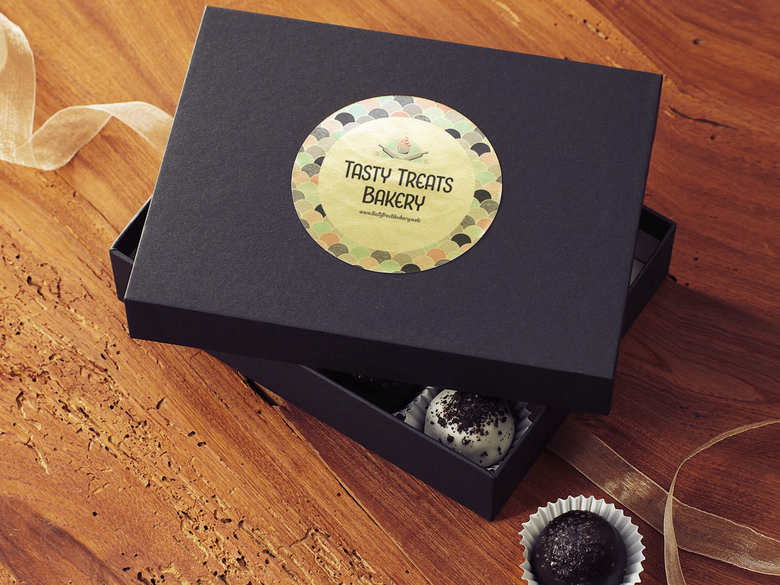 A black box sitting on a wooden table with the cover off revealing bon bons inside. The lid has a circular gold paper label applied to it.