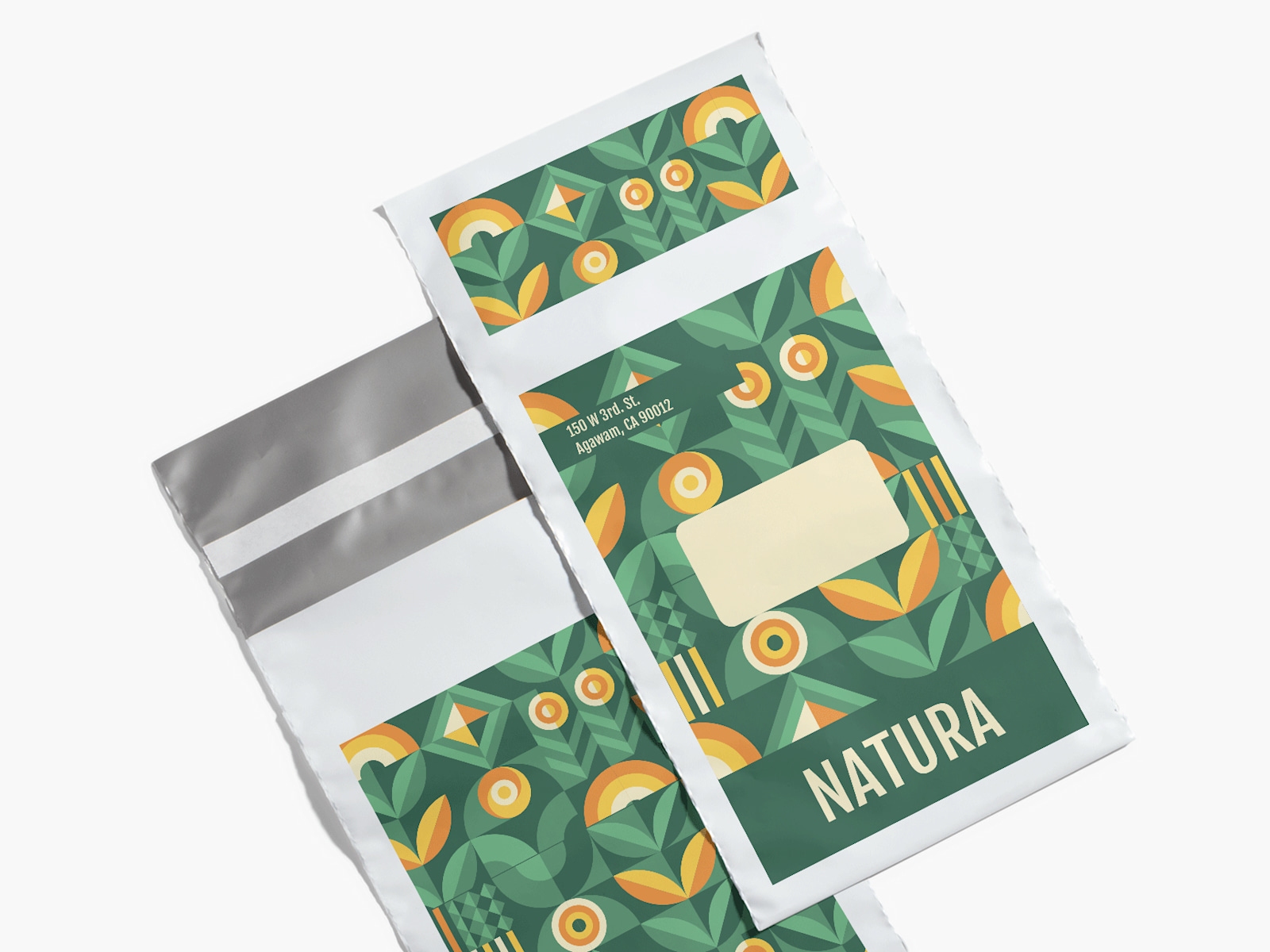 A Poly Mailer promoting a natural products business, that shows printing on the front and back.