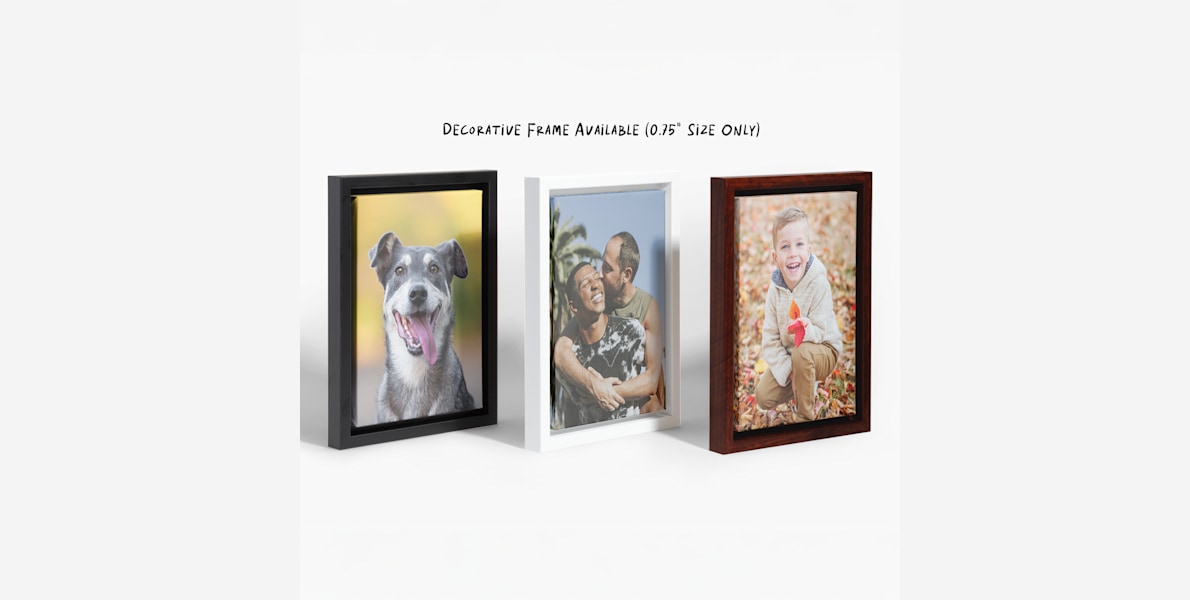 Three decorative frames for custom canvas prints in black, white and walnut colors