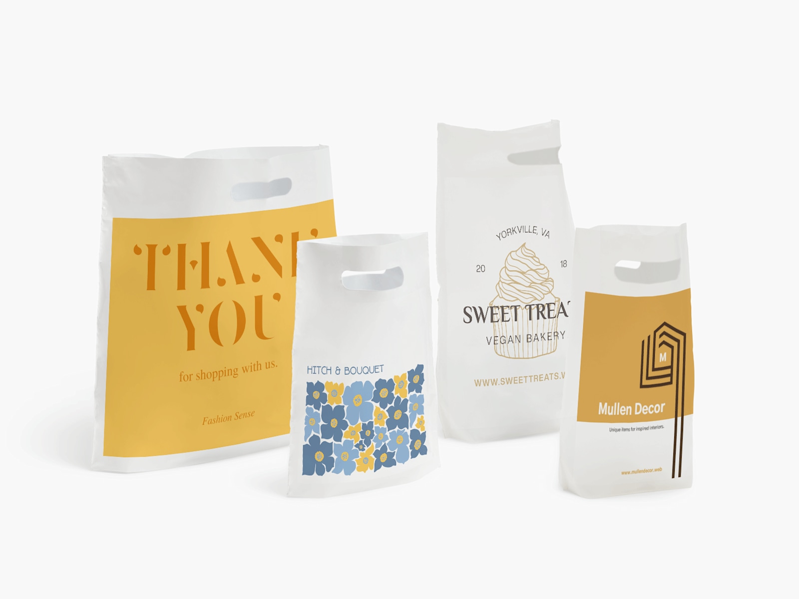 Several sizes of Die Cut Handle Bags promoting a variety of businesses.