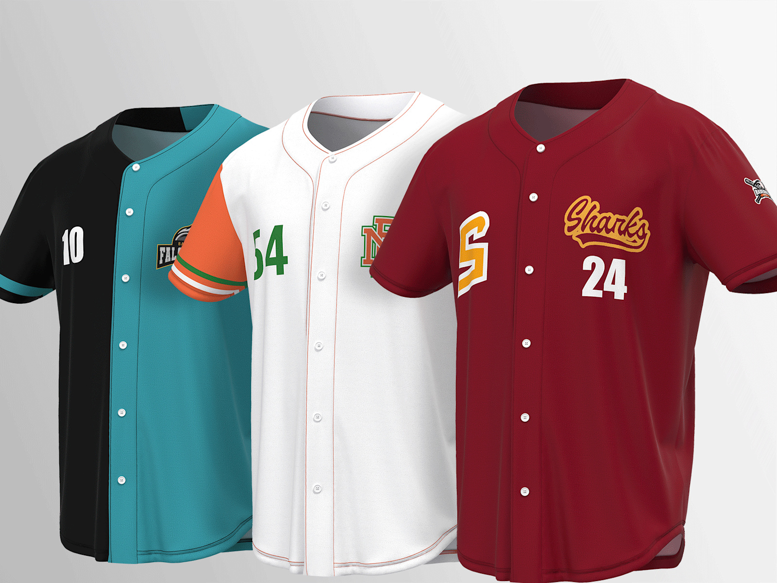 Larger version: Red, white, and black and green custom baseball jerseys stand side by side.