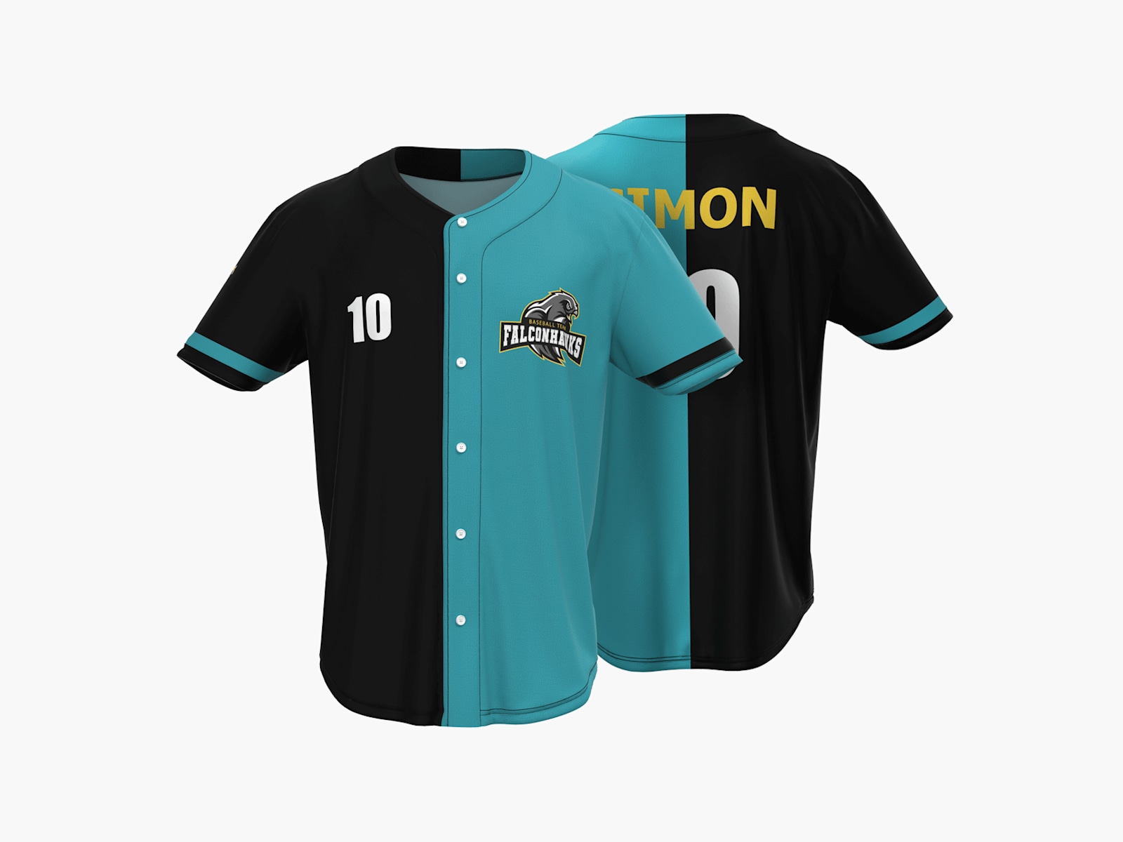 A black and teal baseball jersey features a custom logo on the front with the player's name and number on the back.