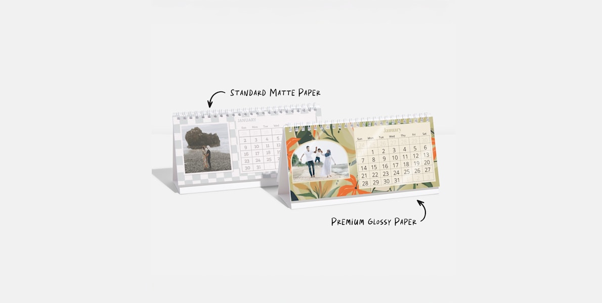Two rectangular desk calendars featuring photos, with a note that the paper options are standard matte paper and premium glossy paper. 