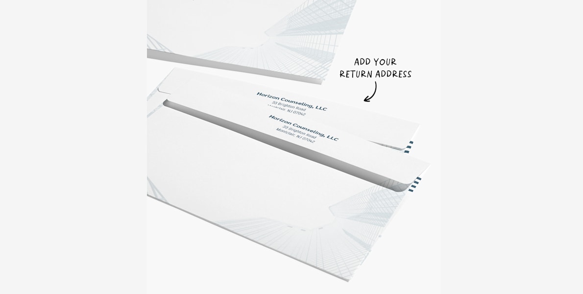 Back of a custom envelope with a business focused design. There is a text that says that you can add your return address