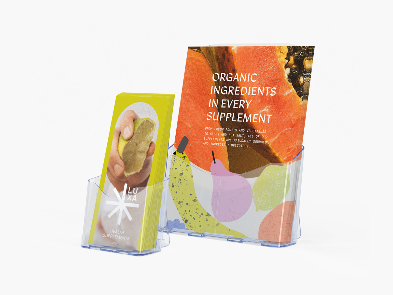 Larger version: Marketing materials for a beauty and wellness brand inside brochure and flyer holders. 