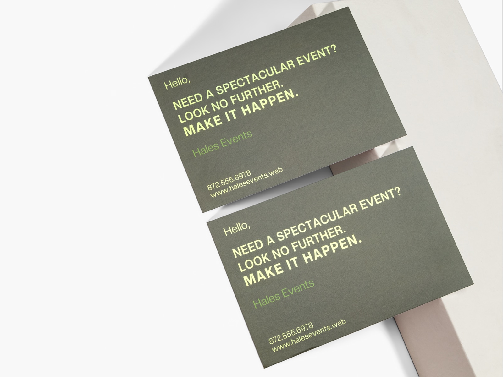 Larger version: Two foil accent postcards promoting an event-planning company.