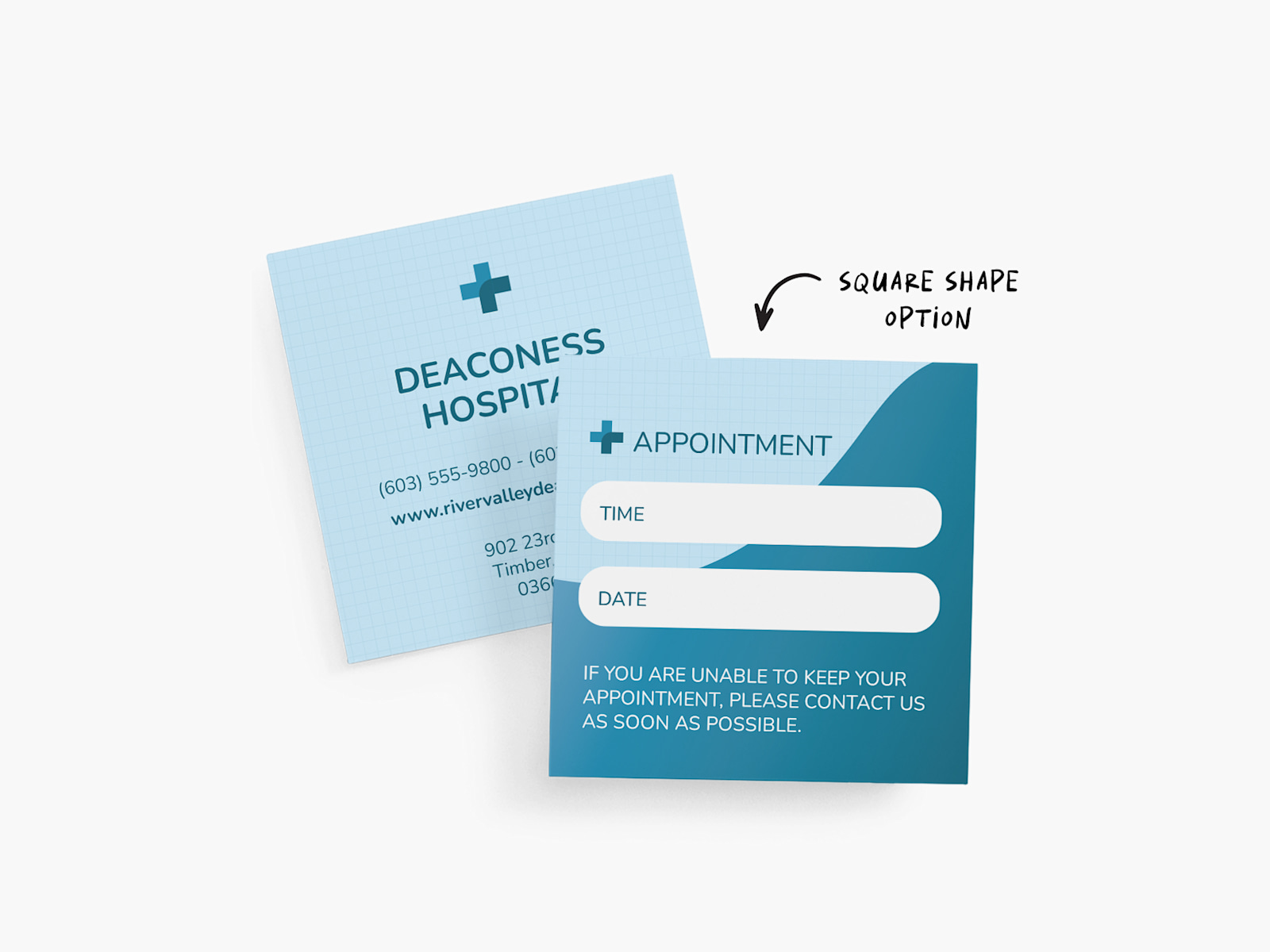 A square appointment card for a hospital, with a note highlighting the square option.