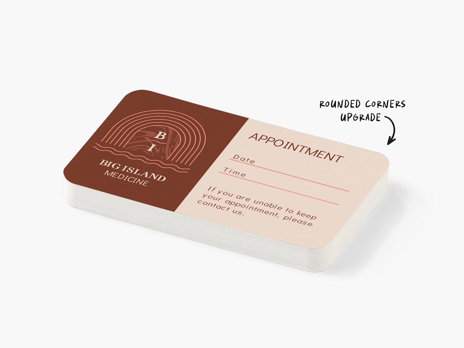 A rounded corners appointment card for a medical clinic, with a note highlighting the rounded corners option.