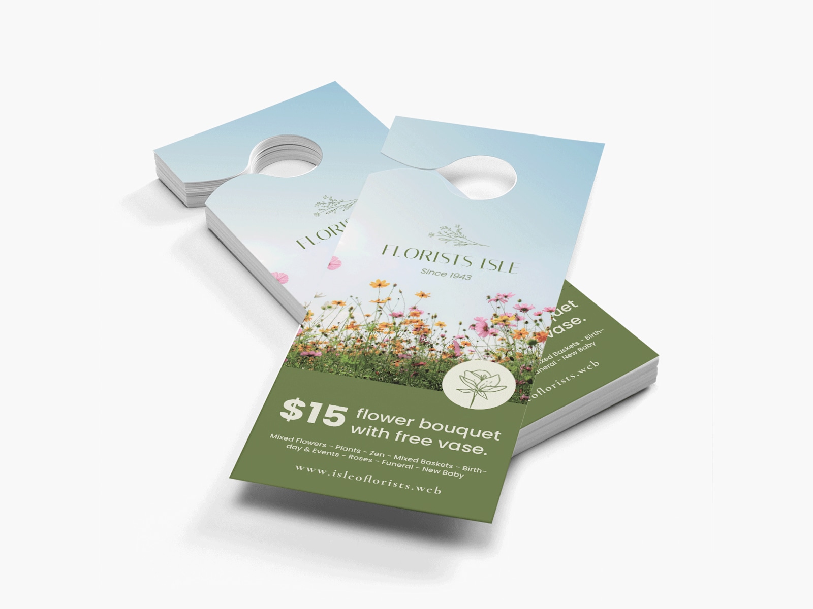 Larger version: A stack of door hangers promoting an offer at a florist shop.