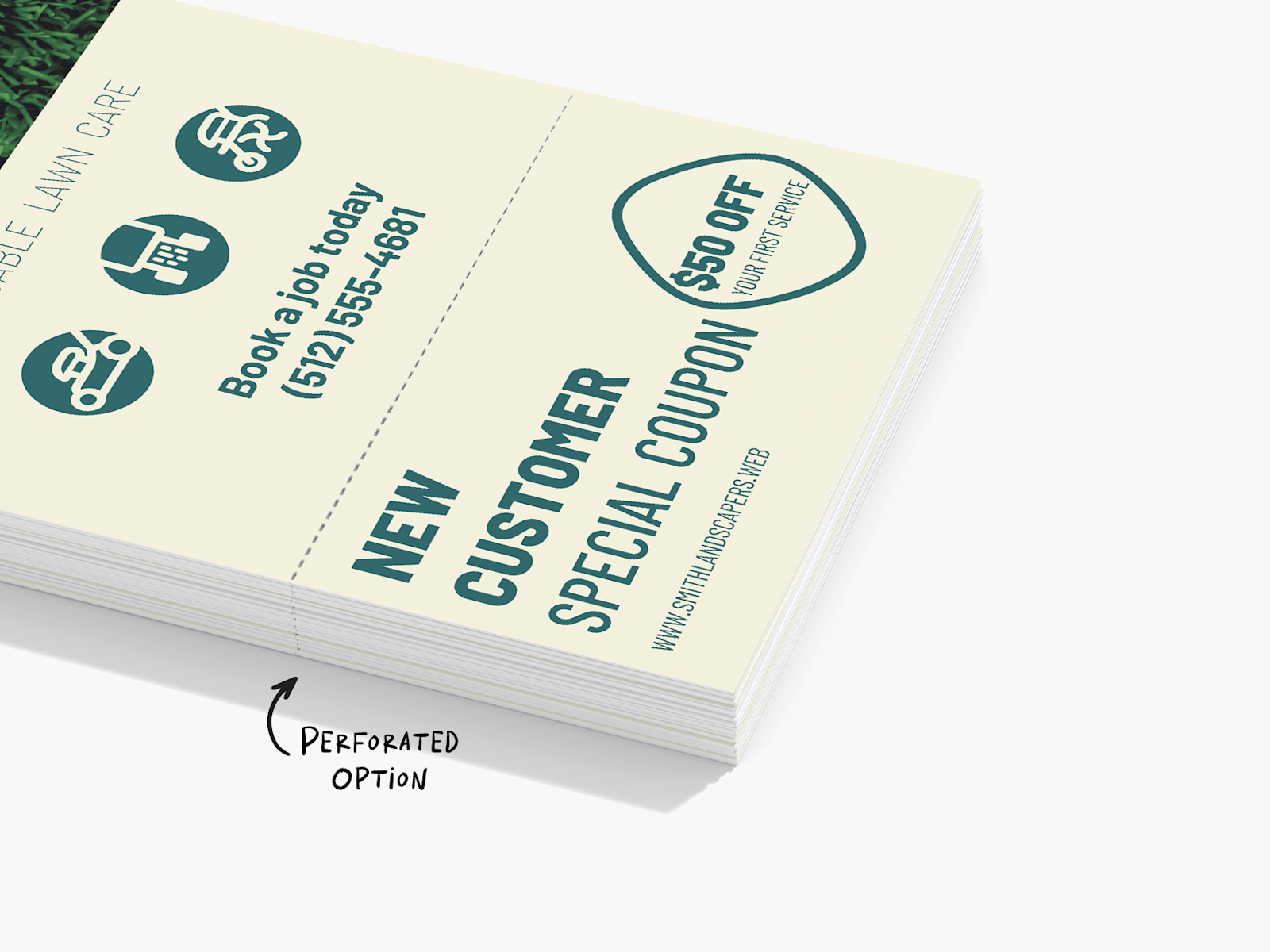 A stack of perforated door hangers featuring coupons for lawn services, with a note that it is the perforated option. 