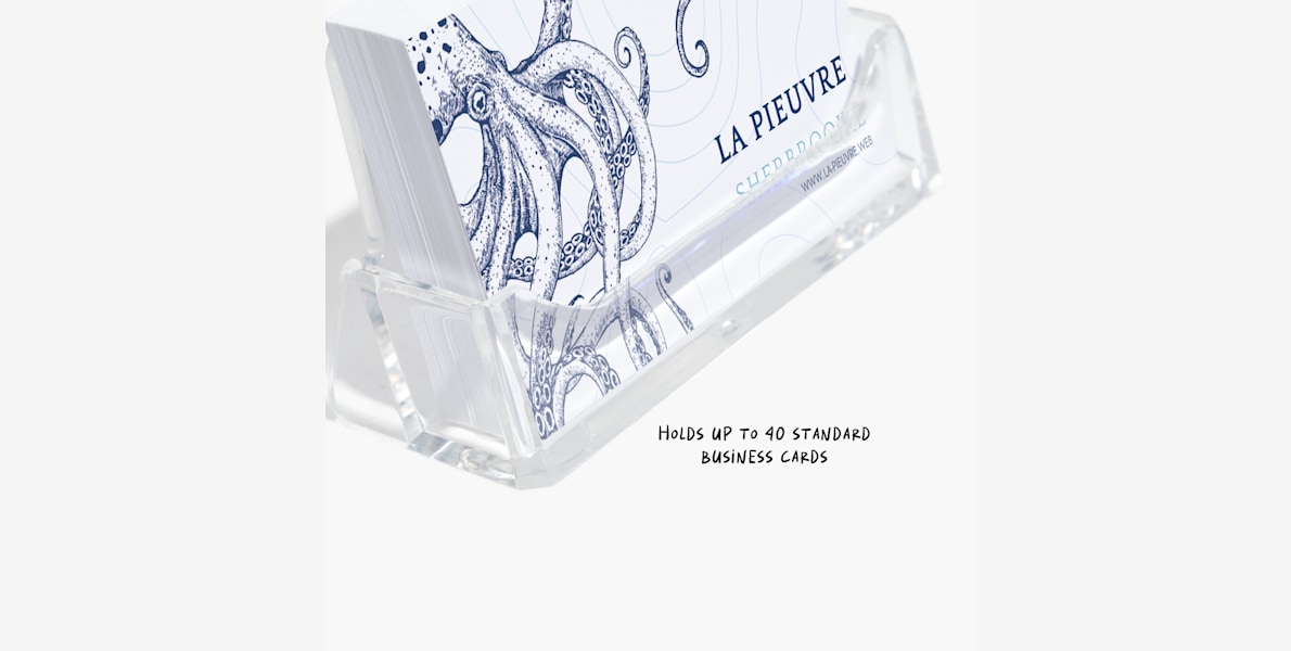 An acrylic business card holder holding business cards for a restaurant, with a note that they can hold up to 40 standard business cards.