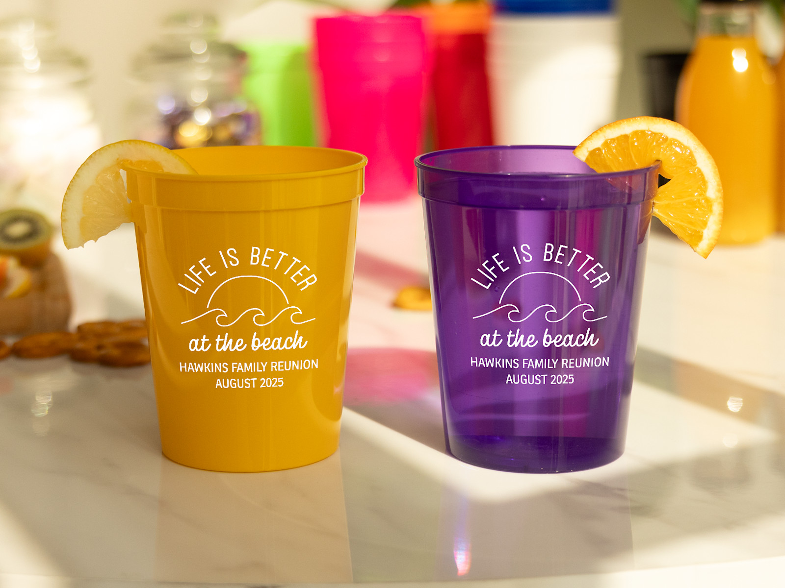 Stadium cups personalized for a family reunion at the beach. 