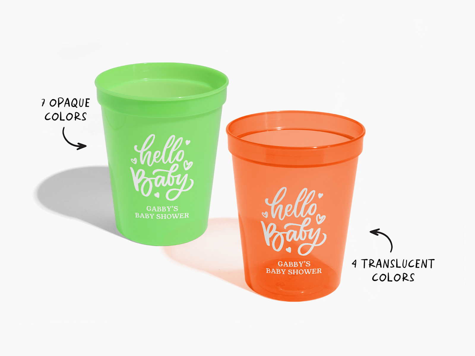 Stadium cups personalized for a baby shower, with a note that there are 7 opaque colors and 4 translucent colors available.