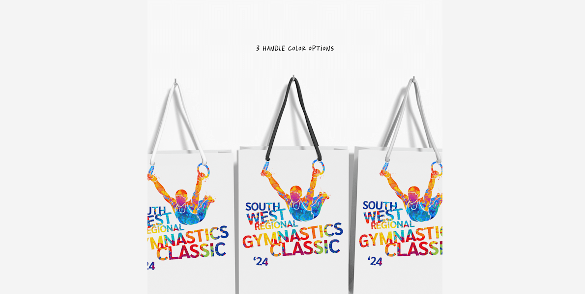 3 branded bags showing off the handle color options of white, black and silver.