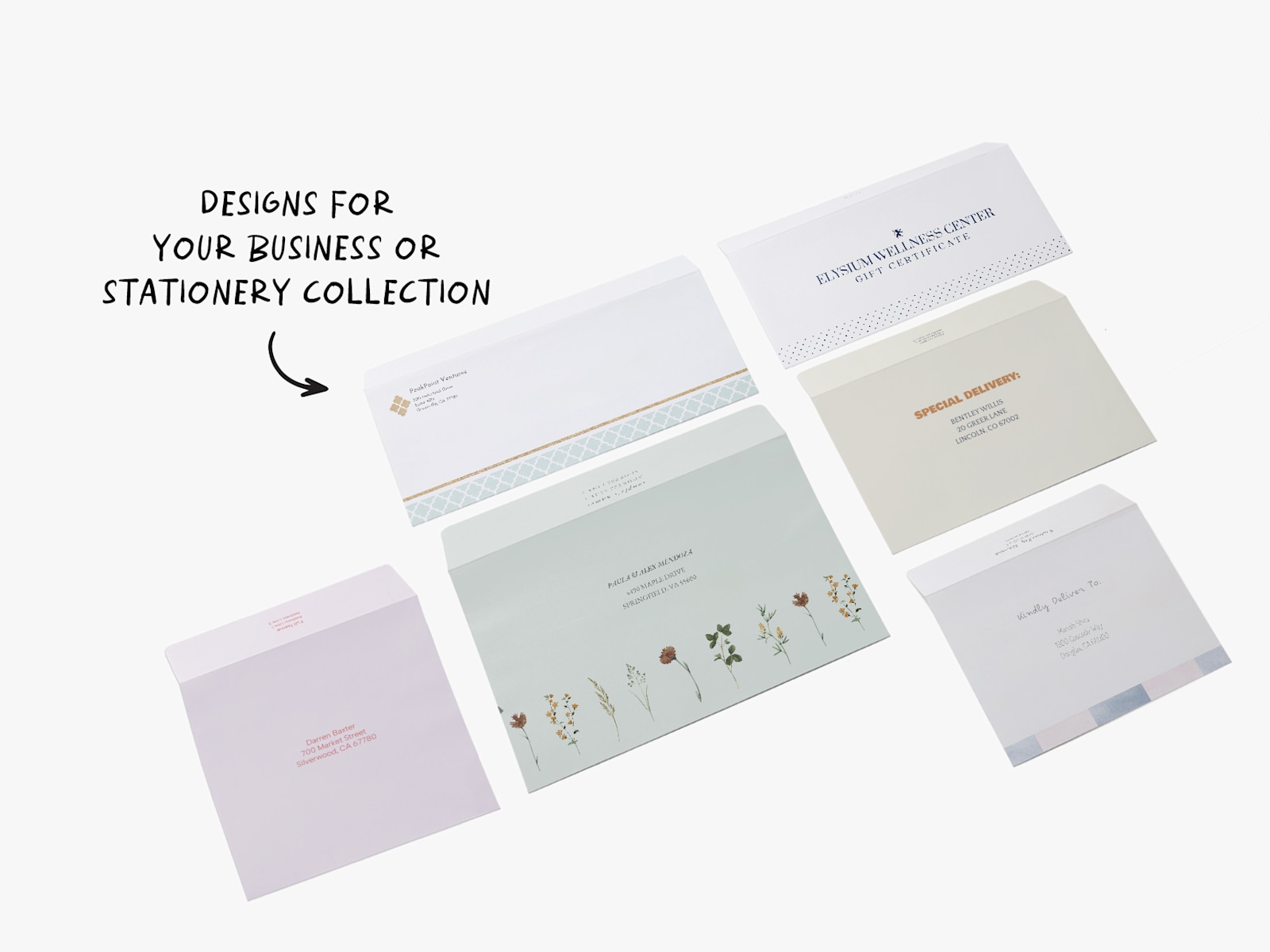 Six different size custom envelopes showign their height and width