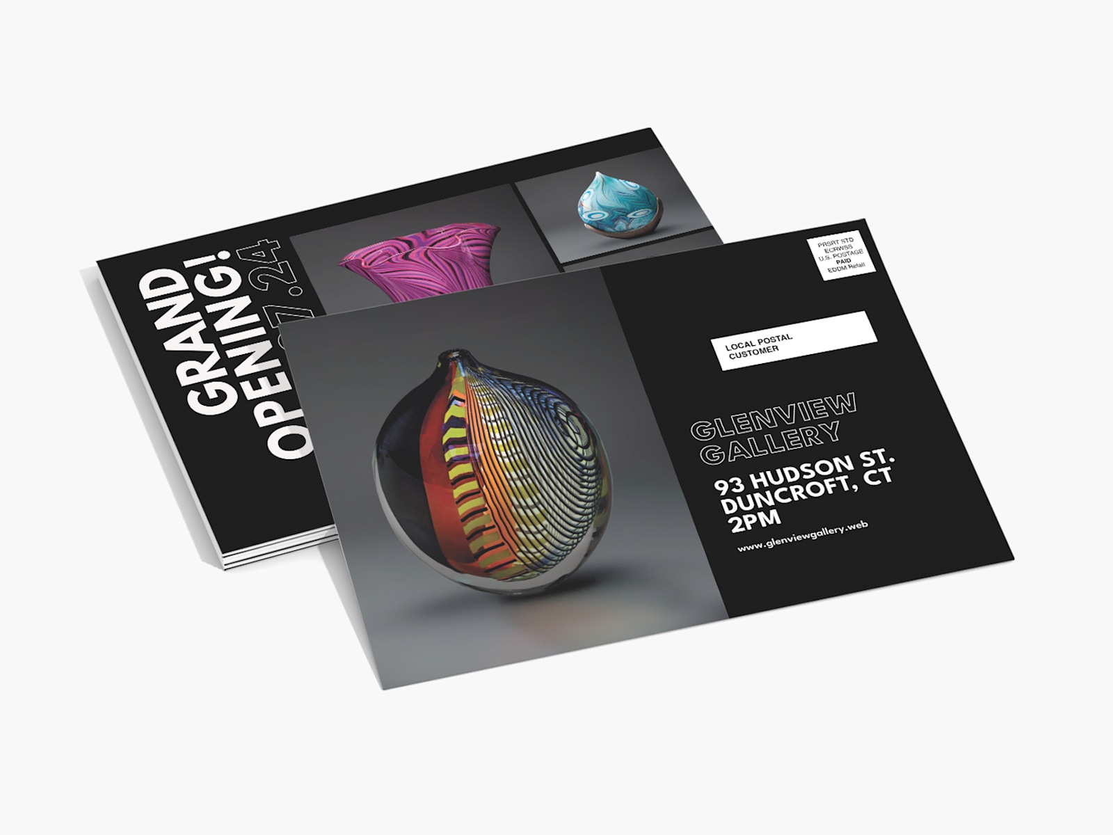 Larger version: Front and back view of an Every Door Direct Mail (EDDM) postcard for a gallery opening, featuring artwork previews and event details.