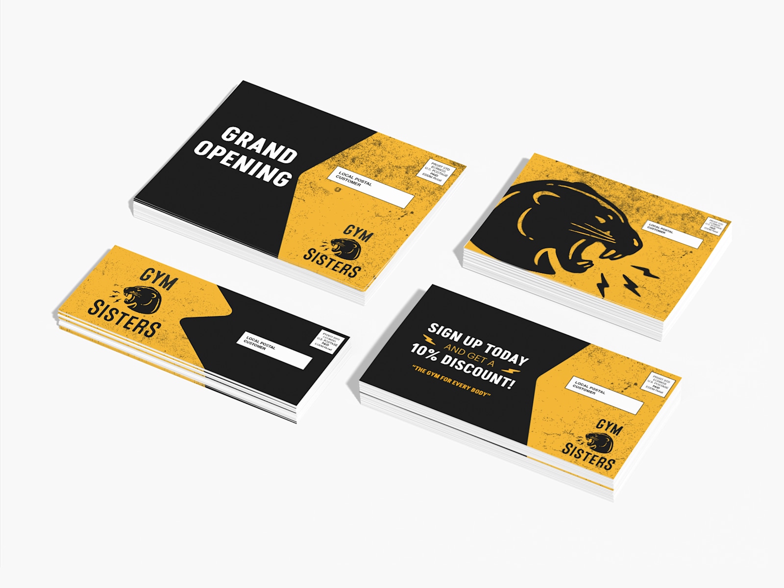 Four different sizes of Every Door Direct Mail postcards for a gym opening, displayed side by side.