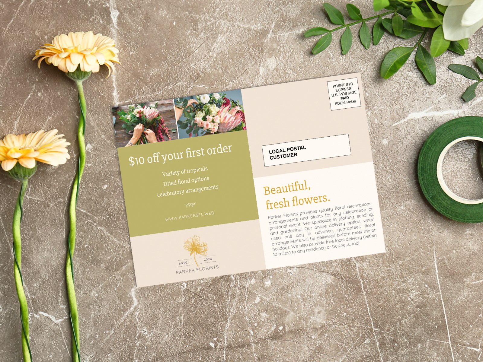 An EDDM postcard advertising a sale at a flower shop.