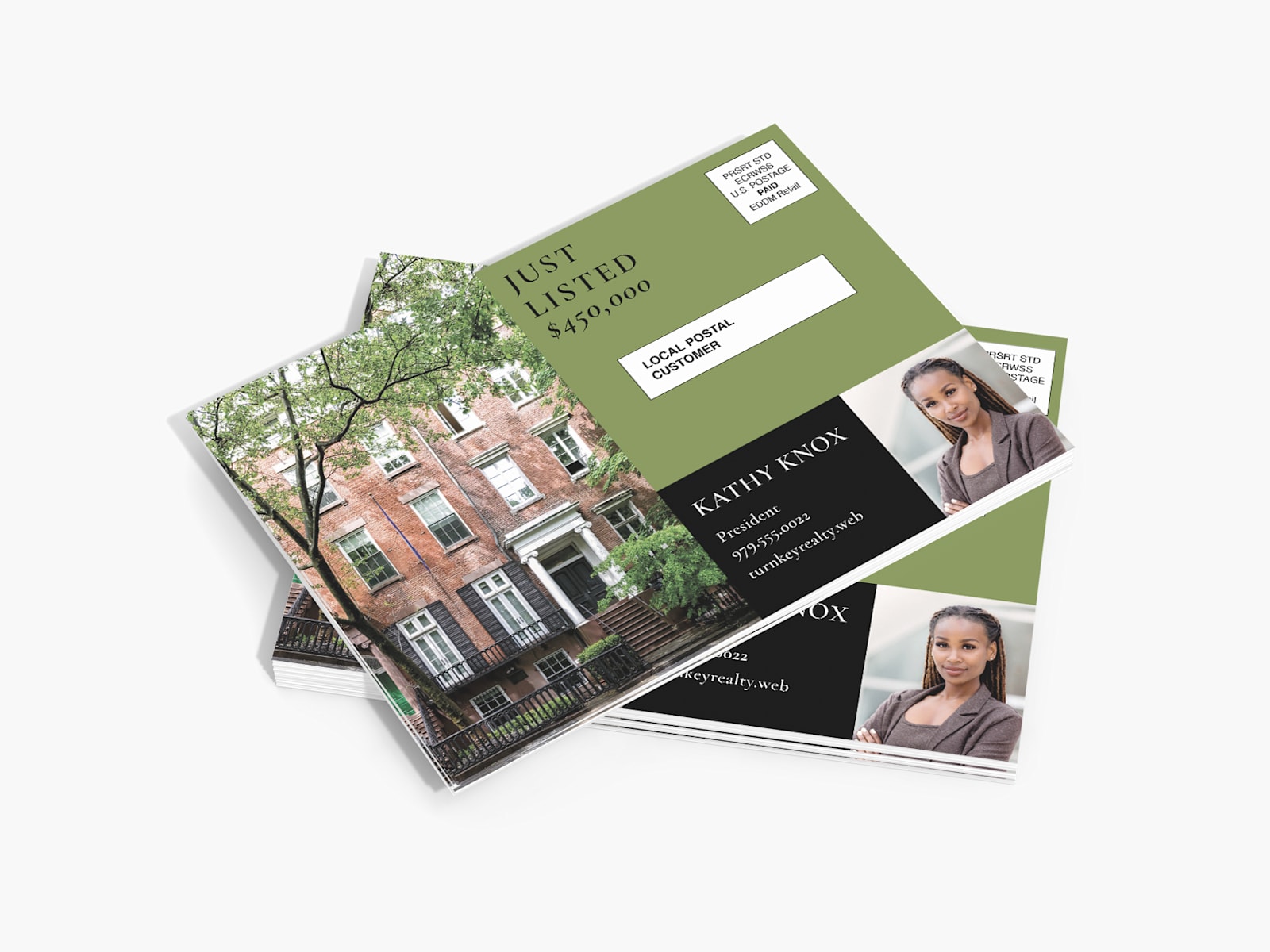 A stack of Every Door Direct Mail (EDDM) postcards, featuring a real estate listing.