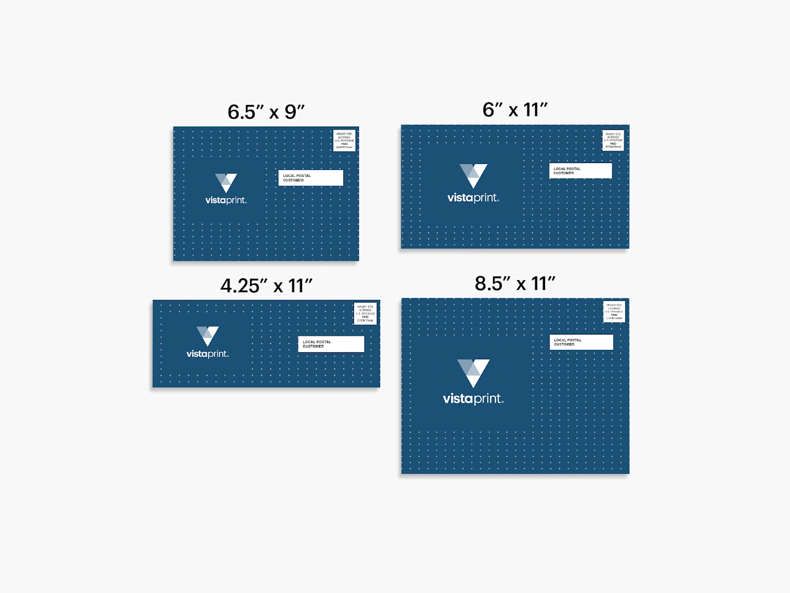 Four Every Door Direct Mail (EDDM) postcards, labeled by size.