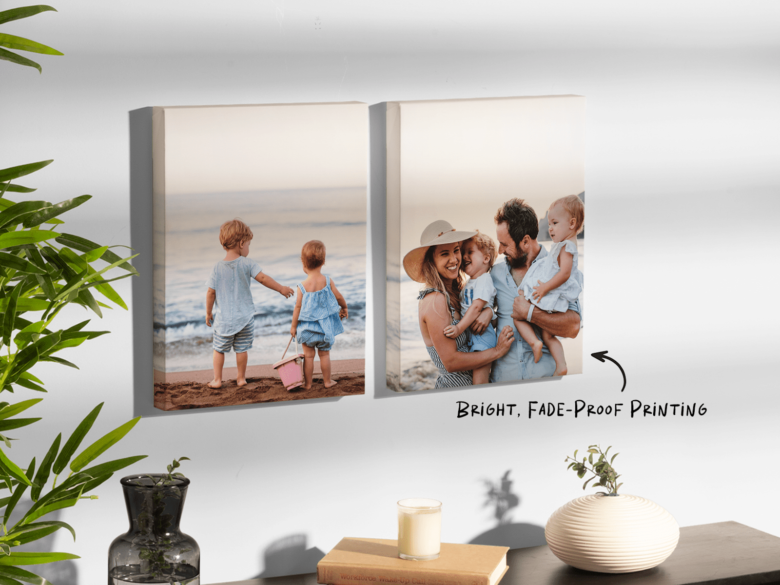 Two 12” x 16” photo canvas prints with wood frames showing family pictures at the beach - gifts with photos