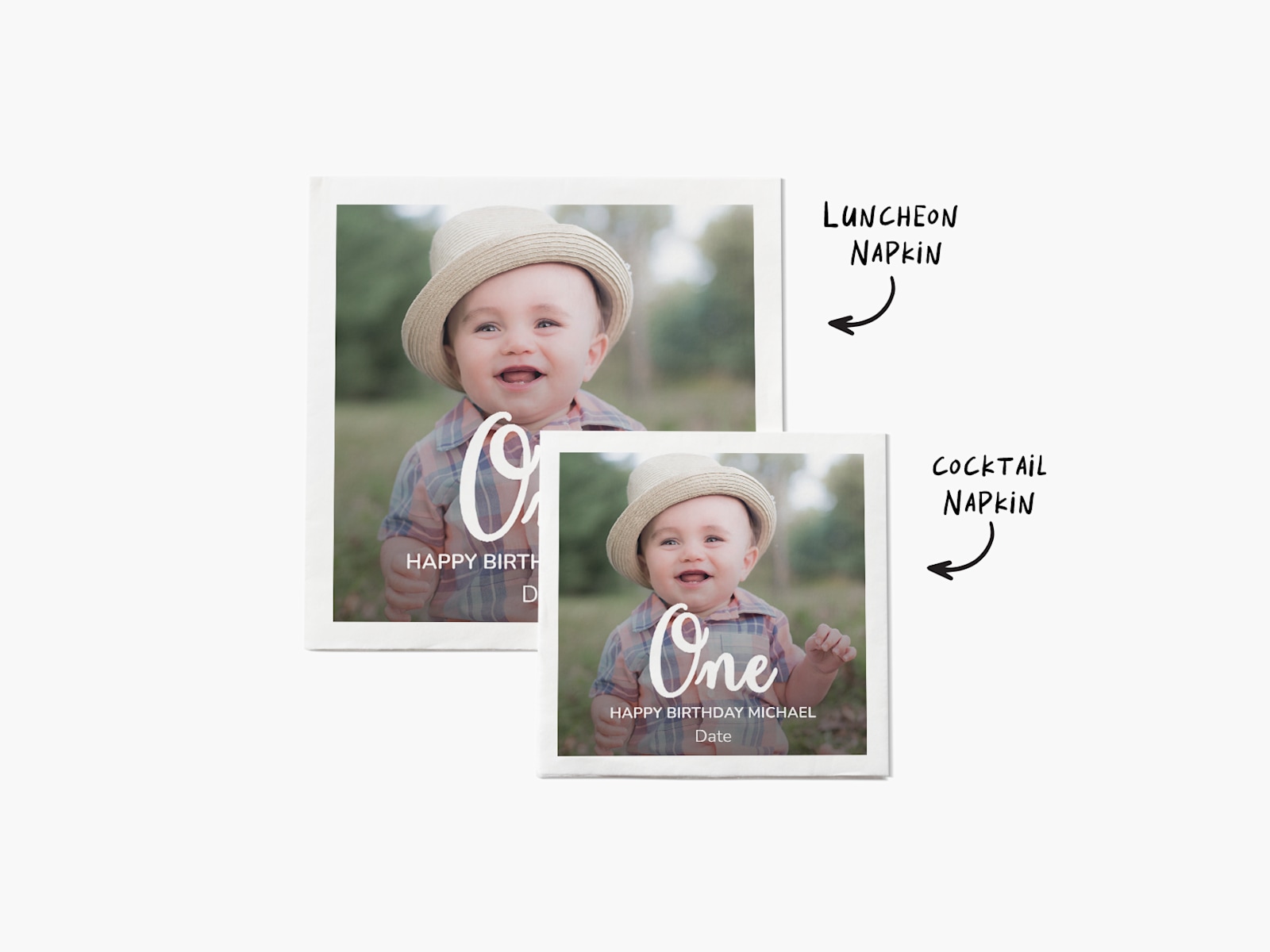 Two napkins featuring a photo of a one-year-old boy and a birthday message, with notes that one is a luncheon size and the other is a cocktail size. 