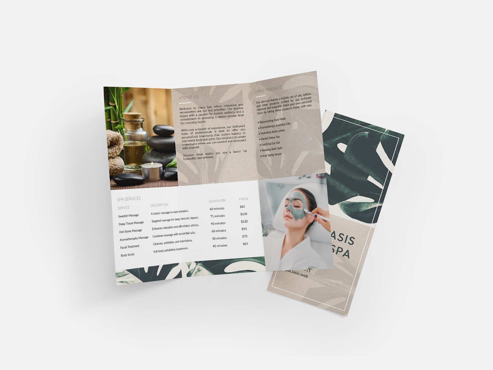 2 tri-fold menus for a spa. One is open, and lists out different services in the middle sections.  