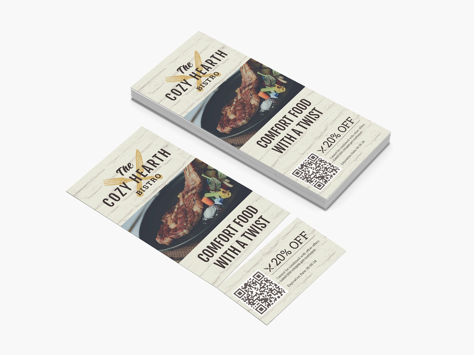 Larger version: Two rip cards for a restaurant with detachable coupons for $20 off.