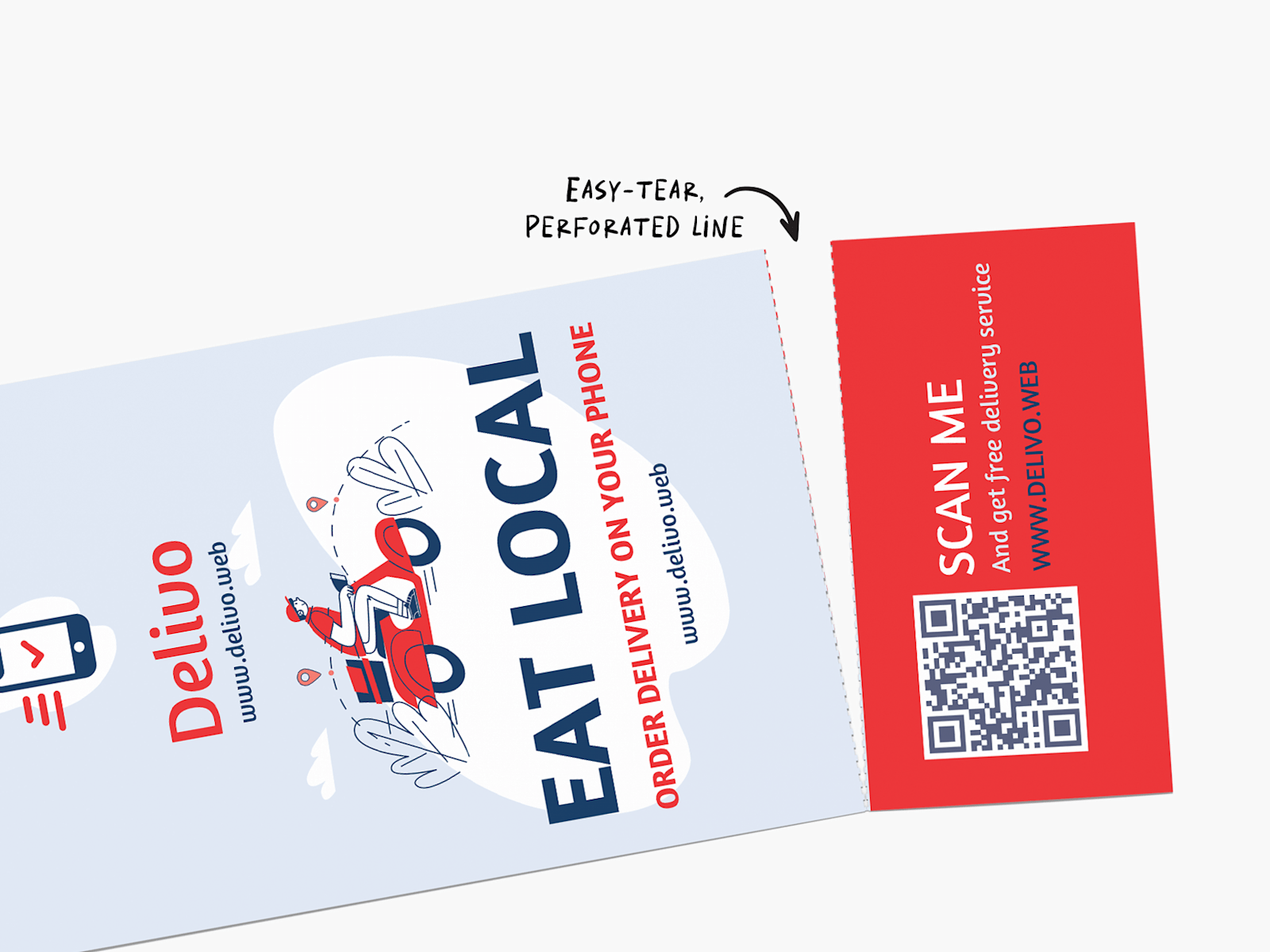 A rip card for a food delivery service with a detachable QR code tab. It has a note that the rip card features an easy-tear, perforated line.